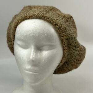 Vtg Brown Tan Acrylic Knit Beret Slouchy Cap Boho 1970s Pattern Textured Hat NWT